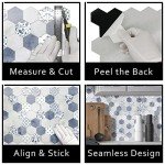Peel and Stick Backsplash, Blue Cement Hexagon Stone Composite Marble Looks Self Adhesive Stick On Tiles Decorative Wall Tile for Kitchen Bathroom Shower, 10 Sheets