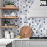 Peel and Stick Backsplash, Blue Cement Hexagon Stone Composite Marble Looks Self Adhesive Stick On Tiles Decorative Wall Tile for Kitchen Bathroom Shower, 10 Sheets
