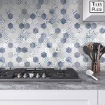 Peel and Stick Backsplash, Blue Cement Hexagon Stone Composite Marble Looks Self Adhesive Stick On Tiles Decorative Wall Tile for Kitchen Bathroom Shower, 10 Sheets