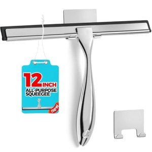 ALFLOD 12-Inch All-Purpose Shower Squeegee for Shower Doors, Tile Shower Walls, Bathroom, Window, Glass and Car Windshield, Mirrors and Kitchen-Stainless Steel, Silver