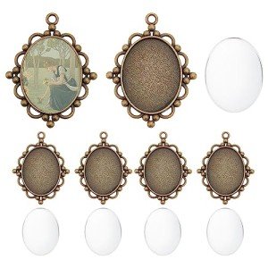 PH PandaHall 5pcs Pendant Tray Oval Charms Cabochon Bezel and 5pcs 40x30mm Glass Cabochon Dome Tiles Clear Cameo Memorial Photo Pendant for Bouquet Wedding Brides Graduation Charm