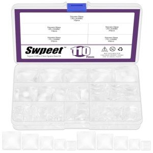 Swpeet 110Pcs 5 Sizes Square Transparent Glass Dome Cabochons Tiles Assortment Kit, Clear Glass Cabochons Tiles for Photo Pendant Necklace Jewelry Making Craft