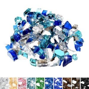 Mr. Fireglass 10 Pounds Blended Fire Glass - 1/2 Inch Mixed Colored High Luster Reflective Tempered Glass Rocks for Fireplace Fire Pit Table Fireplace and Landscaping, Aqua Blue+Cobalt Blue+Platinum