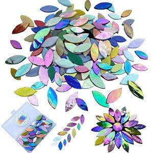 KALUCION 120 Pcs Magic Iridescent Mosaic Tiles, Hand Cut Stained Glass Petals, Floral Mosaic Tiles, Tiffany Glass Flower Petals Supplies Kit for Mosaics and Crafts, Assorted Colors and Sizes