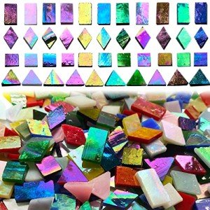 510 Pieces Iridescent Glass Mosaic Tiles for Crafts, Mixed 4 Shapes Colorful Stained Glass Pieces Supplies for Mosaic Projects, KALUCION Mosaic Kit for Adults, Assorted Rainbow Colors