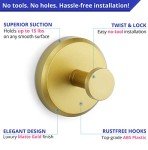 HOME SO Suction Cup Hooks for Shower, Bathroom, Kitchen, Glass Door, Mirror, Tile – Loofah, Towel, Coat, Bath Robe Hook Holder for Hanging up to 15 lbs – Waterproof, Matte Brushed Satin Gold (4-Pack)