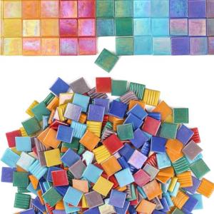 Youway Style Vitreous Mosaic Tiles for Crafts Bulk, 2.2lb Iridescent Mosaic Glass Tiles for Art Crafts, 3/4 inch Square Mosaic Glass Pieces