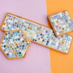 Wq Warmqing Iridescent Glass Mosaic Tiles for Crafts,Blue Square Glass Pieces for Mosaic Supplies, DIY Rainbow Adults Mural Art Kit
