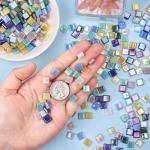 Wq Warmqing Iridescent Glass Mosaic Tiles for Crafts,Blue Square Glass Pieces for Mosaic Supplies, DIY Rainbow Adults Mural Art Kit