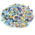 Wq Warmqing Iridescent Glass Mosaic Tiles for Crafts,Blue Square Glass Pieces for Mosaic Supplies, DIY Rainbow Adults Mural Art Kit
