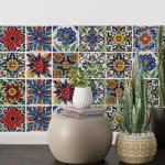 30 Pcs Mediterranean Style Peel and Stick Wall Tile Decals - Waterproof Vinyl Stickers for Kitchen Backsplash, Bathroom, Stair Riser Decor - Spanish Floral Pattern - 4x4 Inch