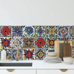30 Pcs Mediterranean Style Peel and Stick Wall Tile Decals - Waterproof Vinyl Stickers for Kitchen Backsplash, Bathroom, Stair Riser Decor - Spanish Floral Pattern - 4x4 Inch