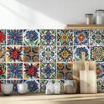 30 Pcs Mediterranean Style Peel and Stick Wall Tile Decals - Waterproof Vinyl Stickers for Kitchen Backsplash, Bathroom, Stair Riser Decor - Spanish Floral Pattern - 4x4 Inch
