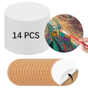 14 PCS Round Ceramic Tiles for Crafts 4x4 inches and self Adhesive Cork mat, unglazed Ceramic Coasters for Crafts ，Use with Alcohol Ink or Acrylic Pouring Make Your Own DIY Coasters