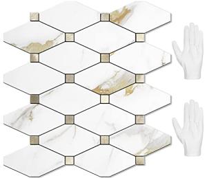 STICKGOO 10 Sheets Peel and Stick Backsplash, Calacatta Golden Stick on Aluminum Composite Tiles Stikers, Self Adhesive Mixed Metal Backsplash for Kitchen, Bathroom, Fireplace, RV