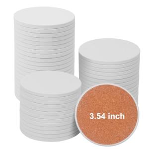 Geytetqi 50 PCS 3.54 Inch Blank Ceramic Coasters with Cork Backing Pads, 3.54x3.54 Inch Round Unglazed Ceramic Coasters Tiles for Crafting, Absorbent Ceramics Coaster for Drink