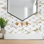 STICKGOO 10 Sheets Peel and Stick Backsplash, Calacatta Golden Stick on Aluminum Composite Tiles Stikers, Self Adhesive Mixed Metal Backsplash for Kitchen, Bathroom, Fireplace, RV