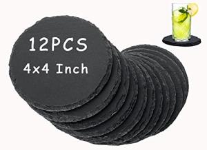 12 PCS 4 x 4 Inch Round Slate Drink Coasters Bulk, Black Rustic Stone Rock Coasters with Anti-Scratch Bottom for Cups Mugs Bar Kitchen Home Decor DIY Project, Natural Edge