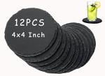 12 PCS 4 x 4 Inch Round Slate Drink Coasters Bulk, Black Rustic Stone Rock Coasters with Anti-Scratch Bottom for Cups Mugs Bar Kitchen Home Decor DIY Project, Natural Edge