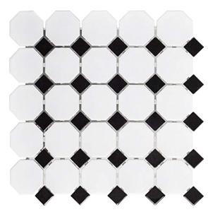 Squarefeet Depot Retro Octagon Porcelain Mosaic Floor and Wall Tile, 12" x 12", Matte White and Glossy Black Mixed