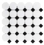Squarefeet Depot Retro Octagon Porcelain Mosaic Floor and Wall Tile, 12" x 12", Matte White and Glossy Black Mixed