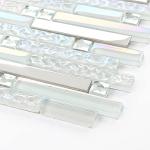 Blujellyfish Glass Metal Tile Iridescent White Glass Silver Mirror Stainless Steel Blends Interlocking Strip Wall Tiles TSTNB01 (Pack of 5 Sheets)