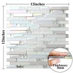 Blujellyfish Glass Metal Tile Iridescent White Glass Silver Mirror Stainless Steel Blends Interlocking Strip Wall Tiles TSTNB01 (Pack of 5 Sheets)