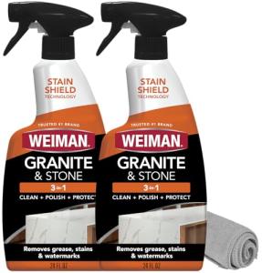 Weiman Granite Cleaner Polish and Protect, Streak Free, pH Neutral Formula for Daily Use on Interior & Exterior Natural Stone with Microfiber Towel, 3 in 1-2 Pack