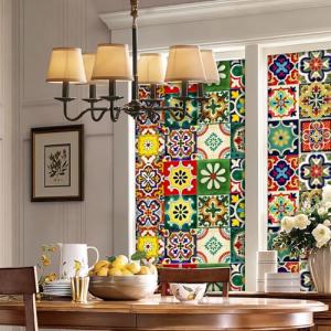 Moroccan Talavera Tile Pattem Privacy Protect Window Film Non-Adhesive Frosted Decorative Glass Film Static Cling Film for Bathroom Shower Room, Kitchen Glass Film (Moroccan Talavera 01)