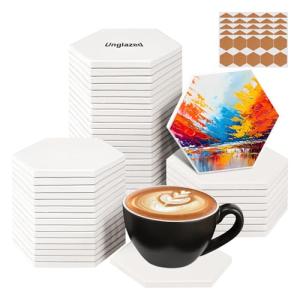IHDYPPEW 50 Pack 4 Inch Hexagon Ceramic Tiles for Crafts, Blank Ceramic Coasters with Cork Backing Pad, Perfect for Painting, Alcohol Ink, Acrylic Pouring - DIY Coaster(Unglazed)
