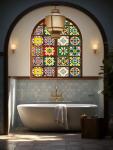 Moroccan Talavera Tile Pattem Privacy Protect Window Film Non-Adhesive Frosted Decorative Glass Film Static Cling Film for Bathroom Shower Room, Kitchen Glass Film (Moroccan Talavera 01)