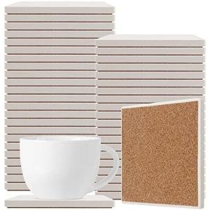 HOZEON 45 PCS 4 Inch Tile Coasters for Drinks, Ceramic Tiles for Crafts Coasters, Unglazed White Tiles with Cork Backing for Pouring, Mosaics, Decor