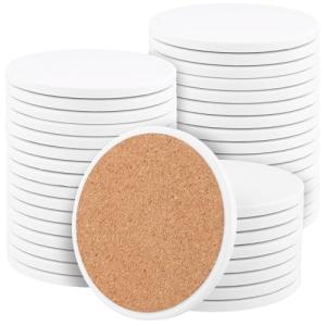 ZEONHEI 40 Packs 4 x 4 Inch Ceramic Coasters for Crafts, White Ready to Paint Ceramics Tile Coasters with Cork Backing Pads, Round Unglazed Blank Ceramic Coaster Bulk for DIY Arts