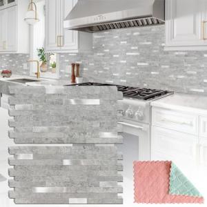 StyloVue 20 Sheets Peel and Stick Backsplash for Kitchen, Slate Gray with Metal Silver Look Stick on Tile Upgrade Your Kitchen Backsplash, RV, Fireplace