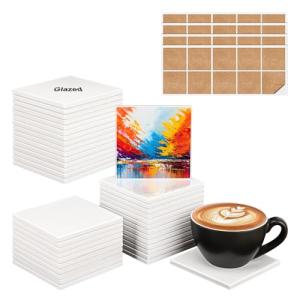 IHDYPPEW 40 Pack 4 x 4 Inch Square Sublimation Ceramic Tiles for Crafts, Sublimation Ceramic Coasters Tiles with Cork Backing Pad, Perfect for DIY Crafts and Sublimation Projects(Glazed)