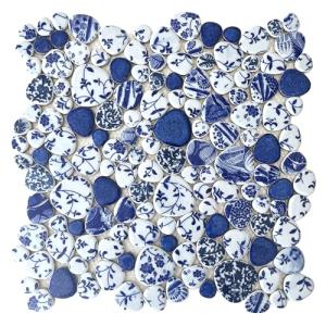 Blujellyfish Blue & White Pebble Tile Porcelain Mosaic Tiles for Art Deco (Pack of 5)