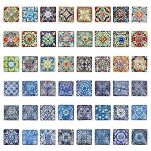 PH PandaHall 1 Inch Square Mosaic Cabochons, 25mm Flower Mosaic Tiles Yoga Pattern Printed Glass Dome Cabochons for Photo Cameo Pendant Craft Jewelry Making Supplies Craft, 48pcs