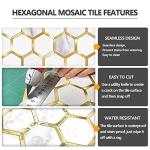 STICKGOO Hexagon Peel and Stick on Backsplash for Kitchen and Bathroom, White Marble Look PVC Mixed Metal Gold Self Adhesive Metal Mosaic Tiles(10 Sheets, Seamless)