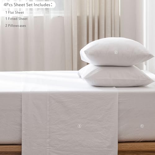 MooMee Bright White Cotton Linen Bed Set - Queen