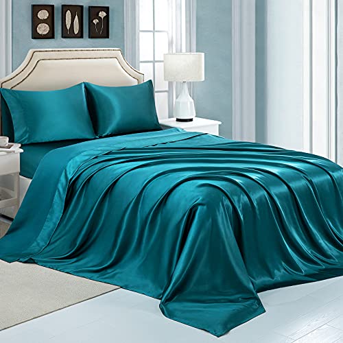 Teal Silk Satin Queen Bed Sheets Set