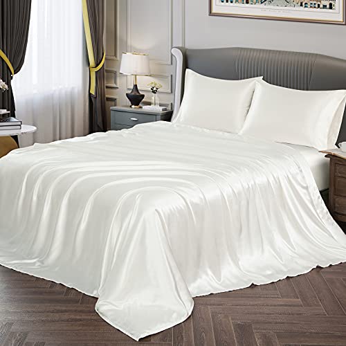 Ivory White Satin Queen Bed Sheet Set