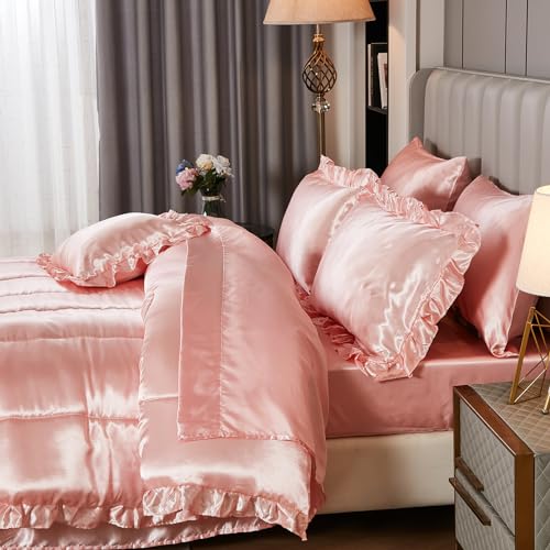 Luxury Pink Satin Comforter Set with Sheets