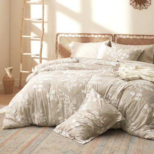 Beige Floral Queen Comforter Set - 7 Pieces