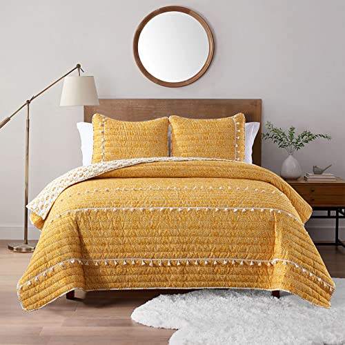Boho Yellow King Quilt Set with Tassels