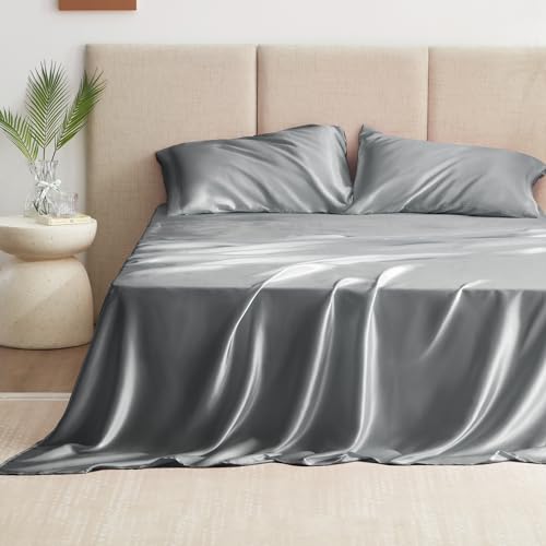 Luxurious Dark Grey Satin Queen Sheets Set