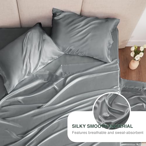 Luxurious Dark Grey Satin Queen Sheets Set