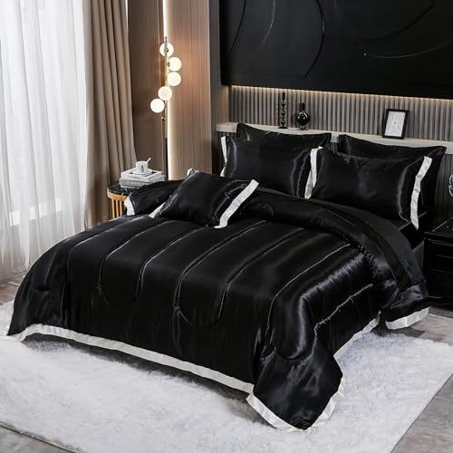 Luxury Black Satin Queen Comforter Set with Ruffles