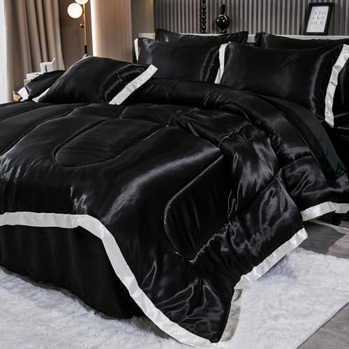 Luxury Black Satin Queen Comforter Set with Ruffles