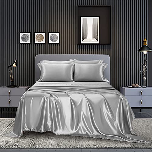 Queen Satin Bed Set - 6 Piece Silver Grey