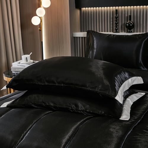 Luxury Black Satin Queen Comforter Set with Ruffles
